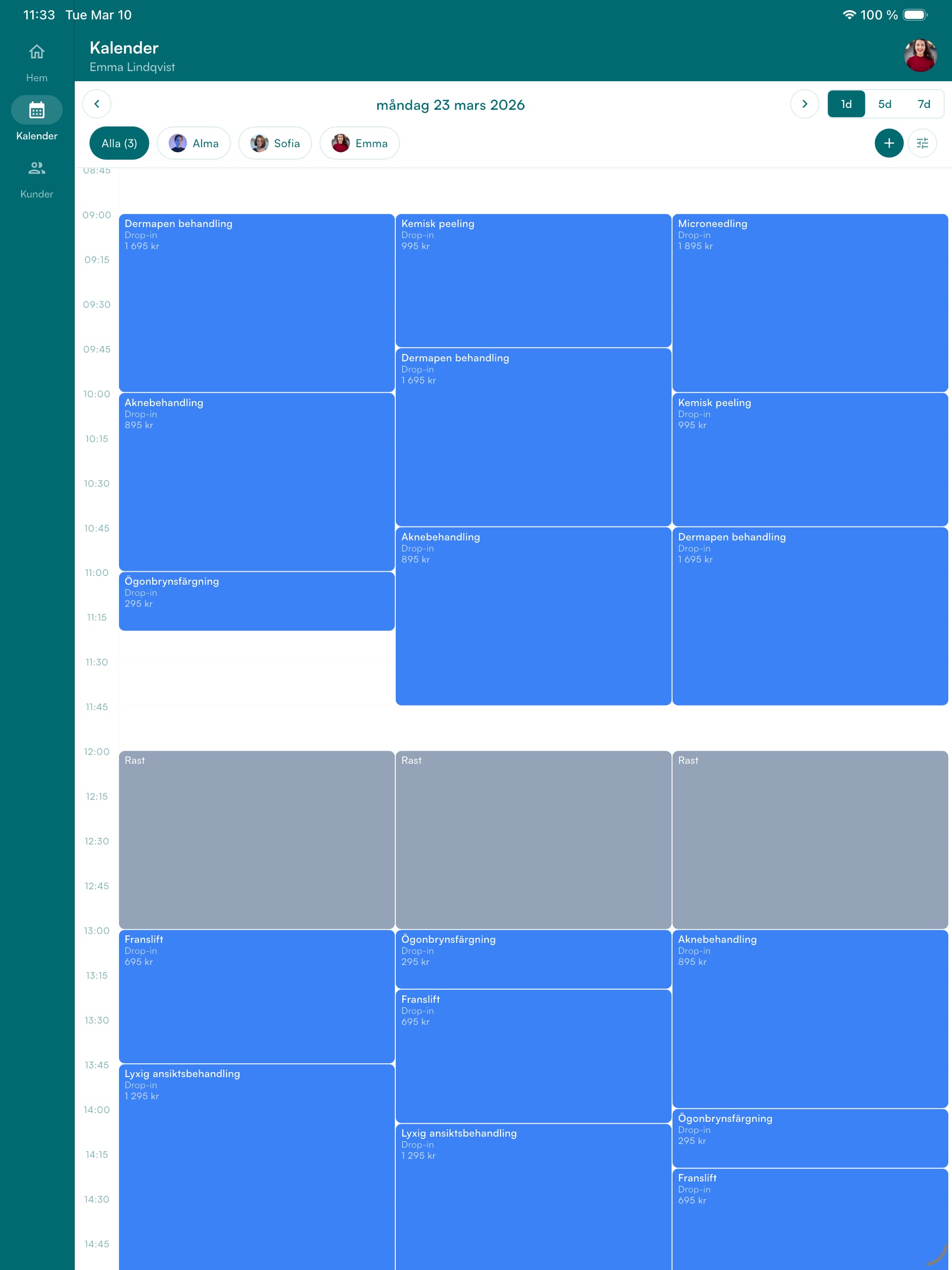 bokins kalender på iPad med hela teamets schema