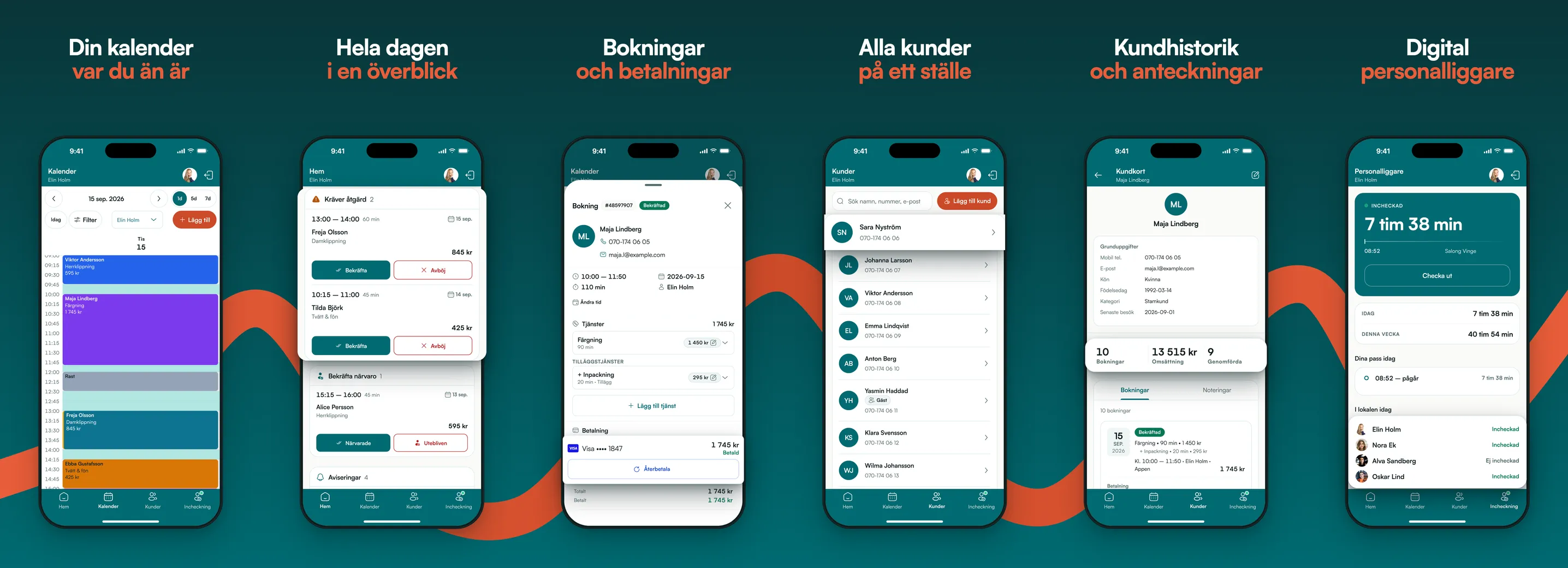 bokin business i mobilen: din kalender var du än är, hela dagen i en överblick, bokningar och betalningar, alla kunder på ett ställe, kundhistorik och anteckningar, digital personalliggare.